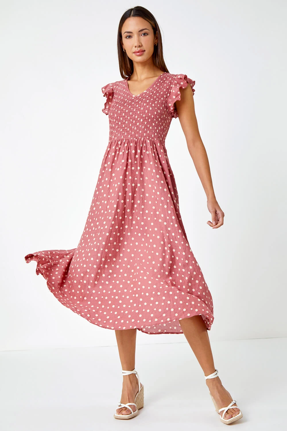 Pink Frill Sleeve Spot Shirred Midi Dress 6 Pink Frill Sleeve Spot Shirred Midi Dress - Image 4