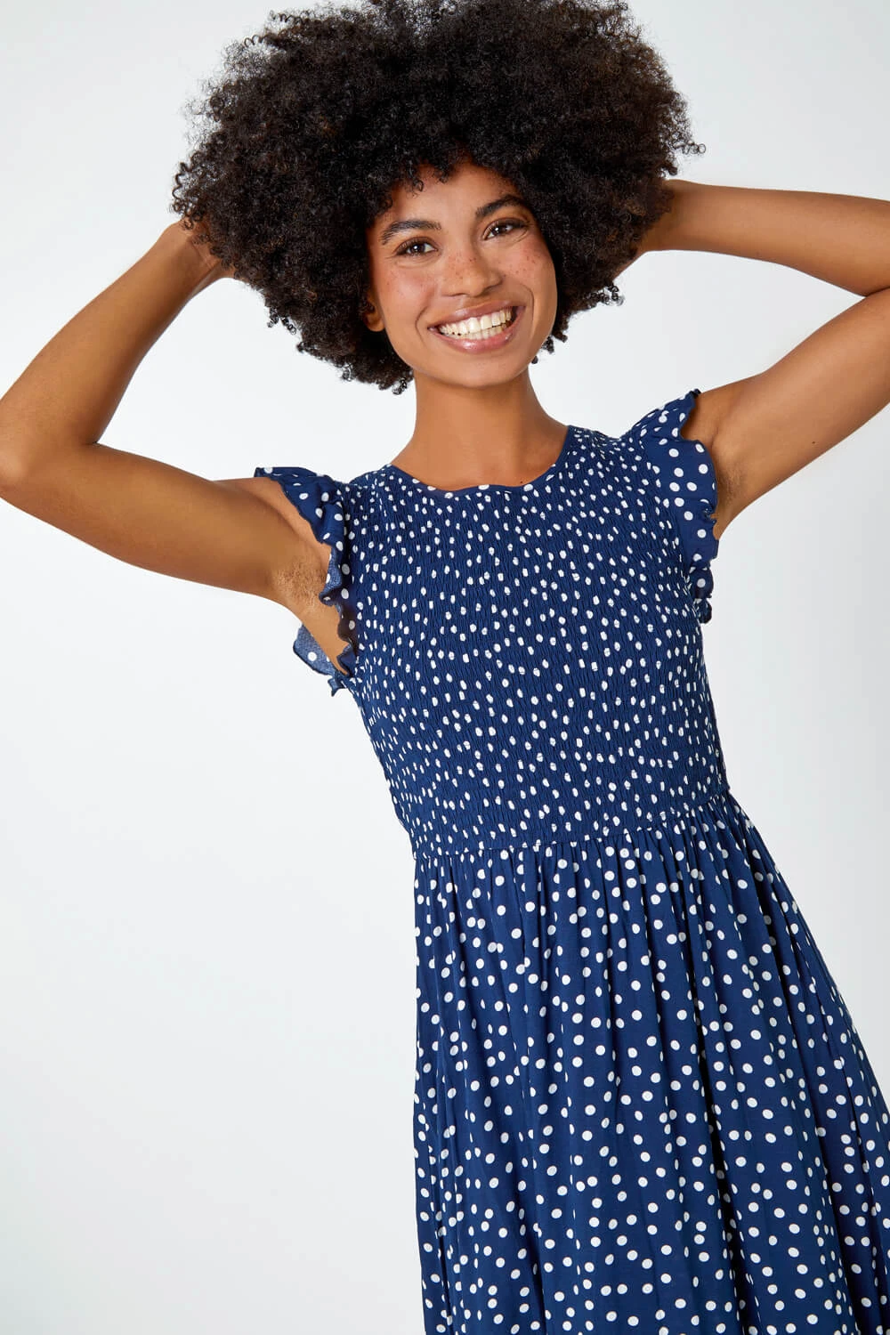 Navy Frill Sleeve Spot Shirred Midi Dress 7 Navy Frill Sleeve Spot Shirred Midi Dress - Image 5