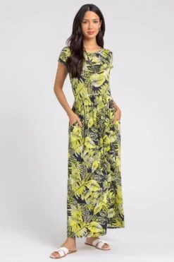 Yellow Tropical Print Jersey Maxi Dress