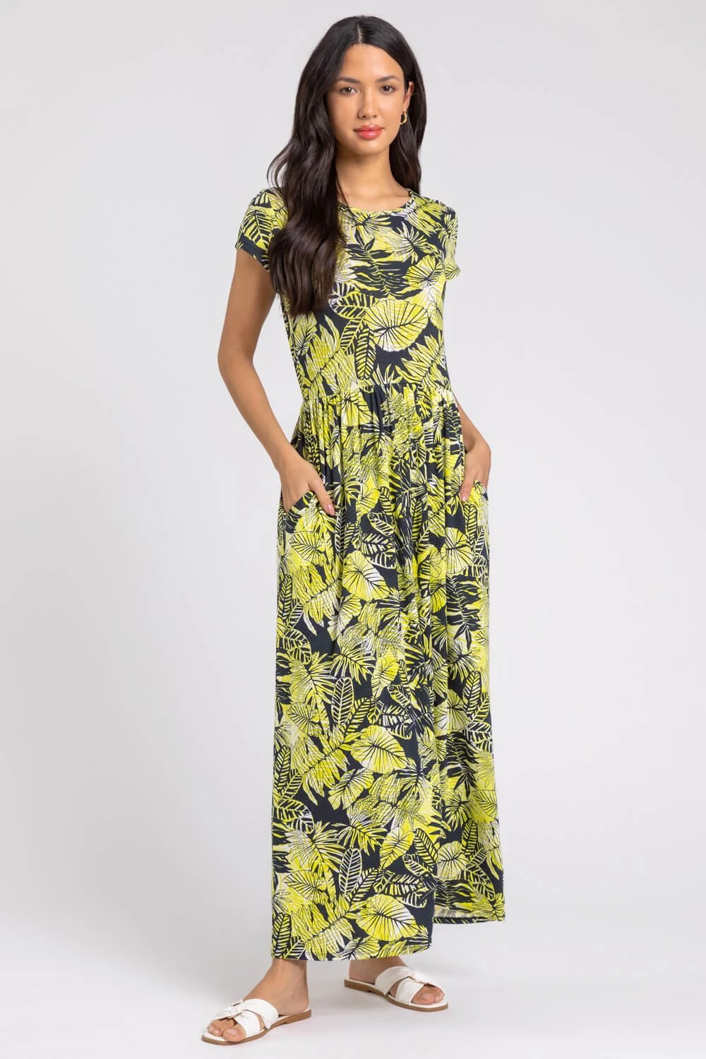 Yellow Tropical Print Jersey Maxi Dress 3 Yellow Tropical Print Jersey Maxi Dress