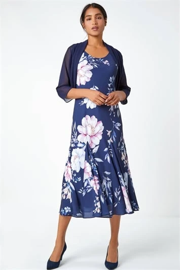 Navy Sleeveless Floral Print Bias Midi Dress 8 Navy Sleeveless Floral Print Bias Midi Dress - Image 6