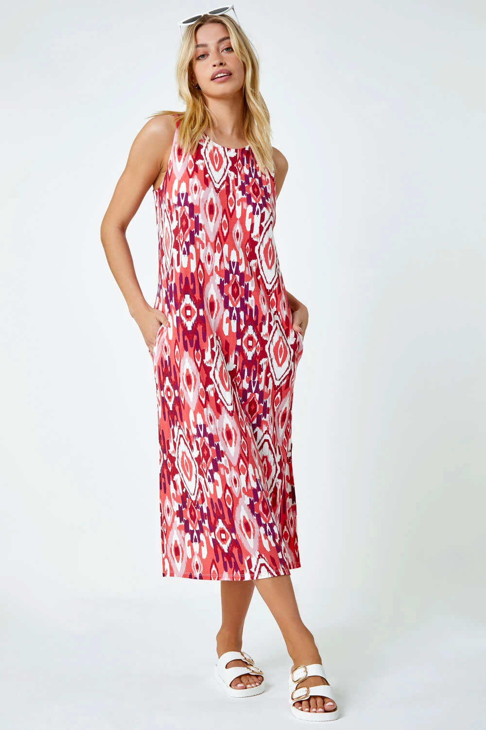 Red Sleeveless Aztec Print Midi Stretch Dress 4 Red Sleeveless Aztec Print Midi Stretch Dress - Image 2