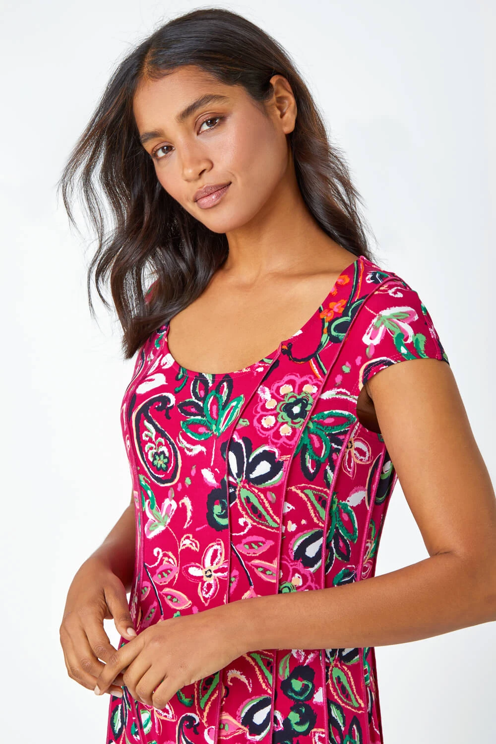 Fuchsia Paisley Print Panelled Stretch Dress 6 Fuchsia Paisley Print Panelled Stretch Dress - Image 4