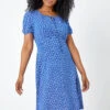 Royal Blue Petite Ditsy Floral Tie Neck Dress