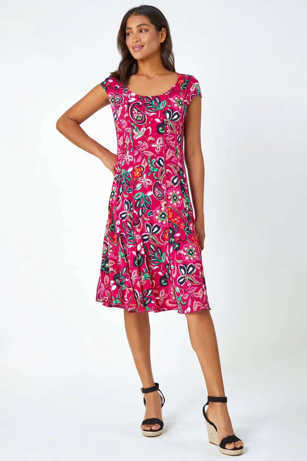 Fuchsia Paisley Print Panelled Stretch Dress 4 Fuchsia Paisley Print Panelled Stretch Dress - Image 2