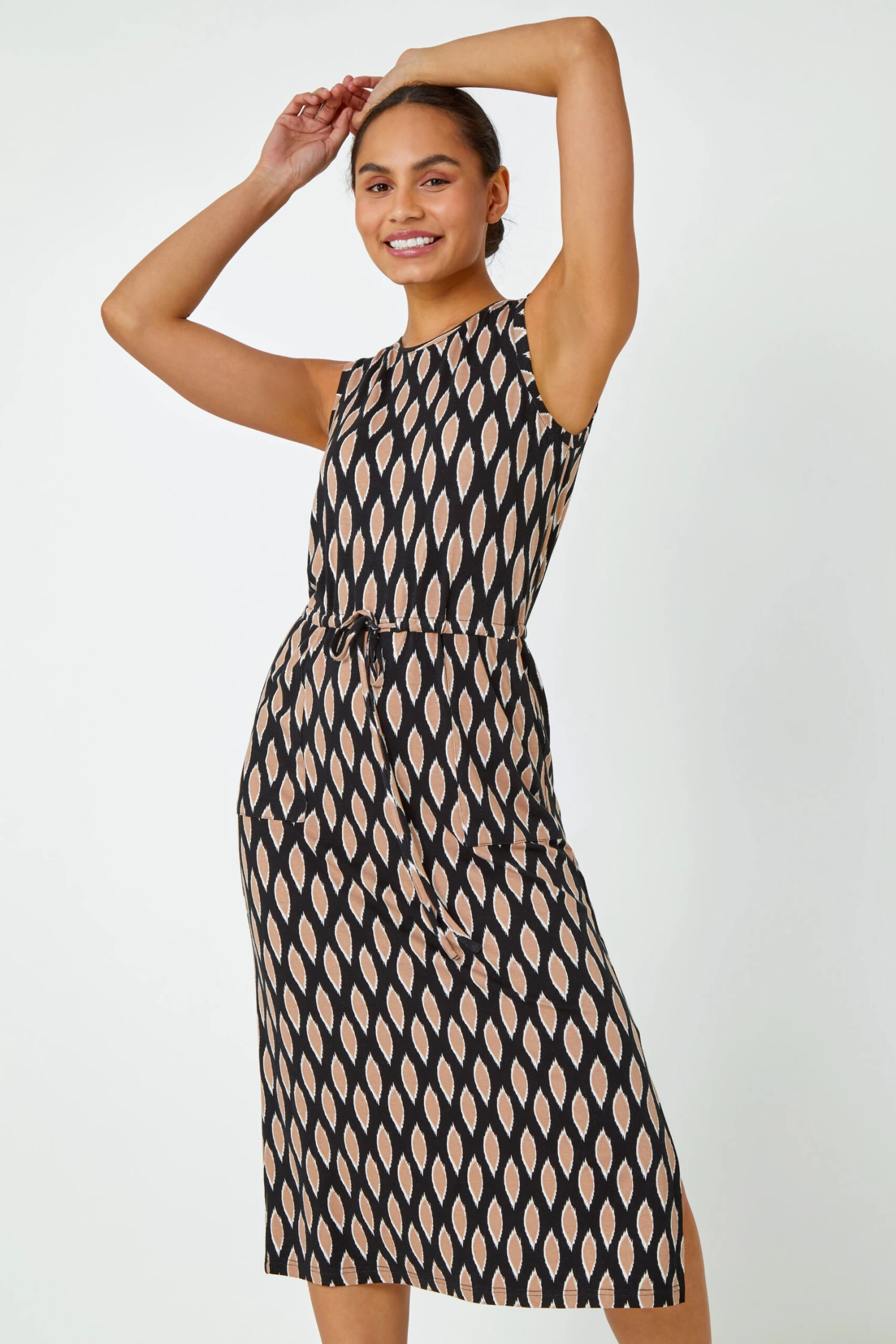 Black Abstract Print Drawcord Stretch Midi Dress 4 Black Abstract Print Drawcord Stretch Midi Dress - Image 2