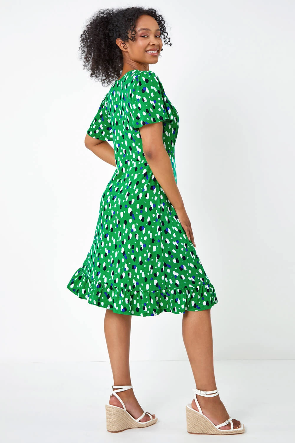 Green Petite Spot Frill Hem Stretch Dress 5 Green Petite Spot Frill Hem Stretch Dress - Image 3