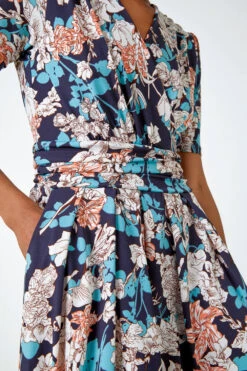 Teal Floral Print Ruched Waist Wrap Dress -Dress Haven Sales Store fd2d24eb 9521 4821 9833 c8524f67833d